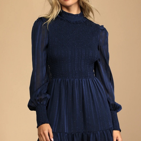 Heartful Romance Navy Striped Smocked Long Sleeve Mini Dress - Picture 2 of 8